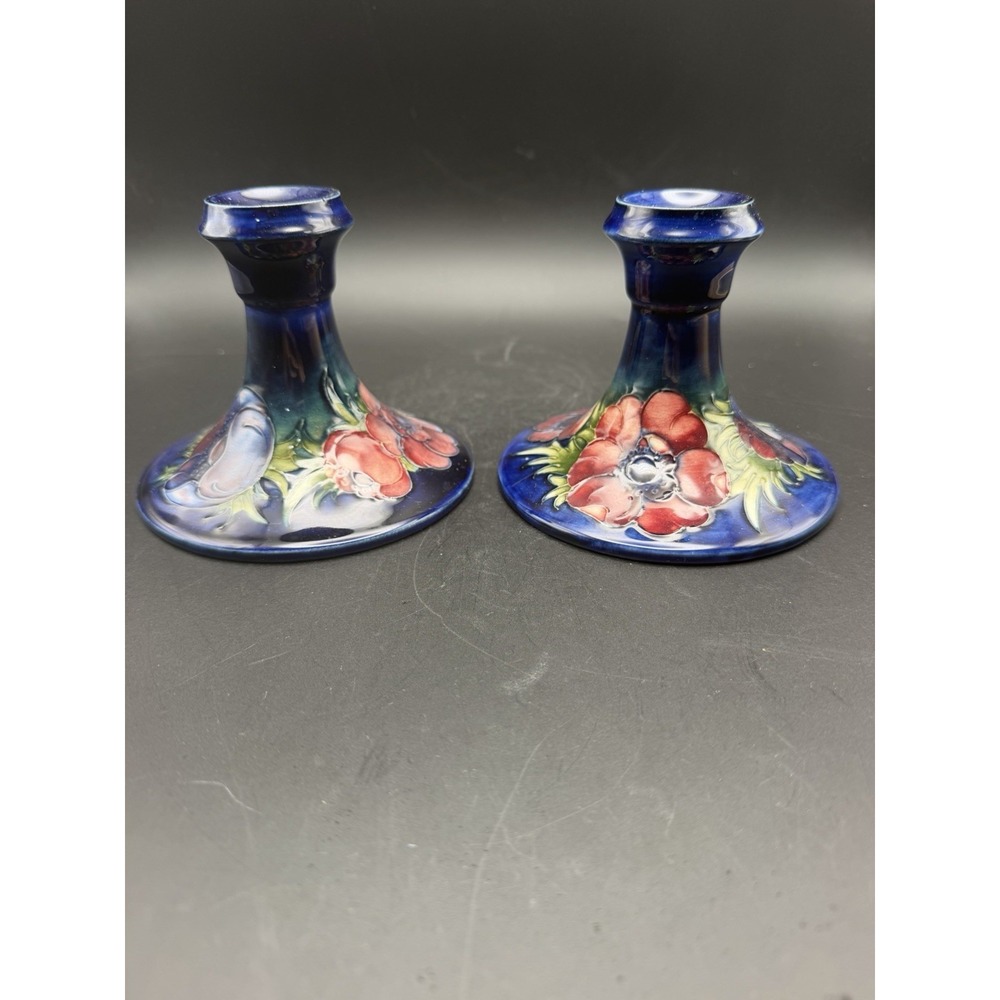 Moorcroft Anemone Candlesticks 4.5 " Pair Cobalt Blue England c. 1930s